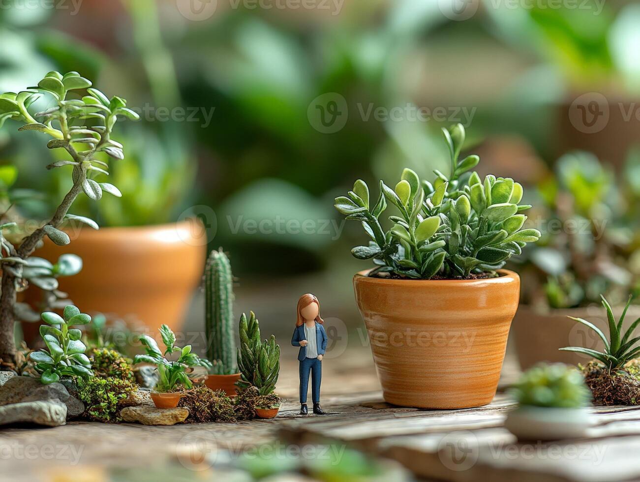Miniature plants and a man standing in front of them photo