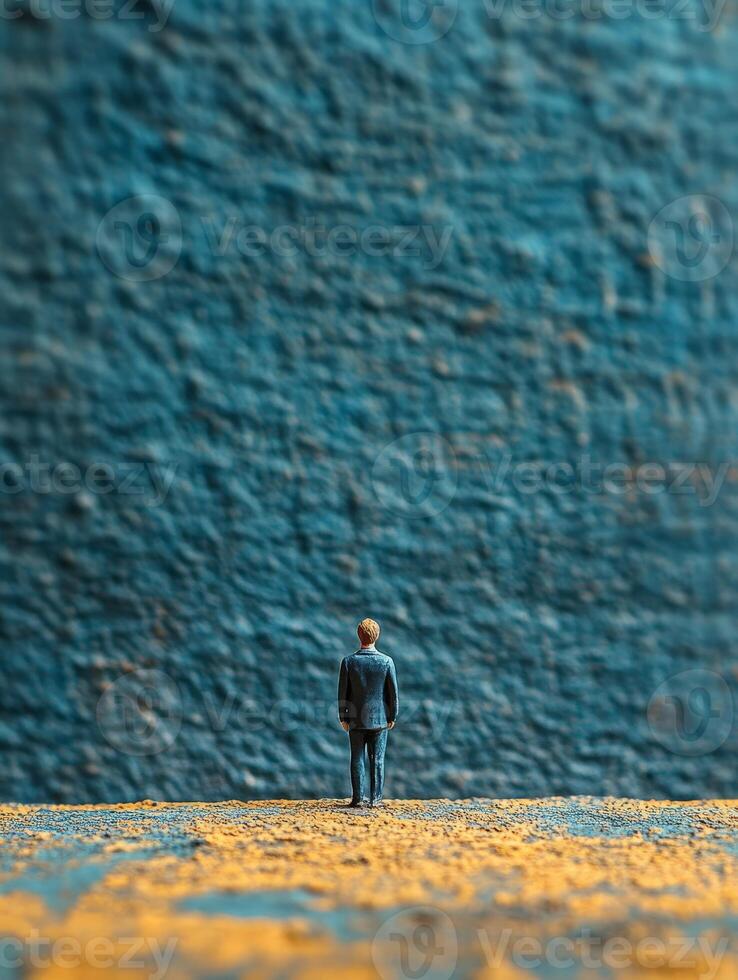 Miniature man in suit standing in front of blue wall photo