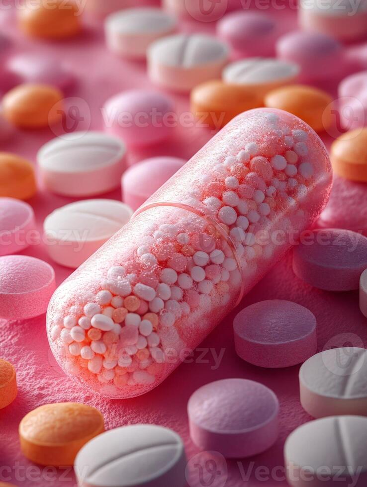 A pill with white and pink pills on a pink surface photo