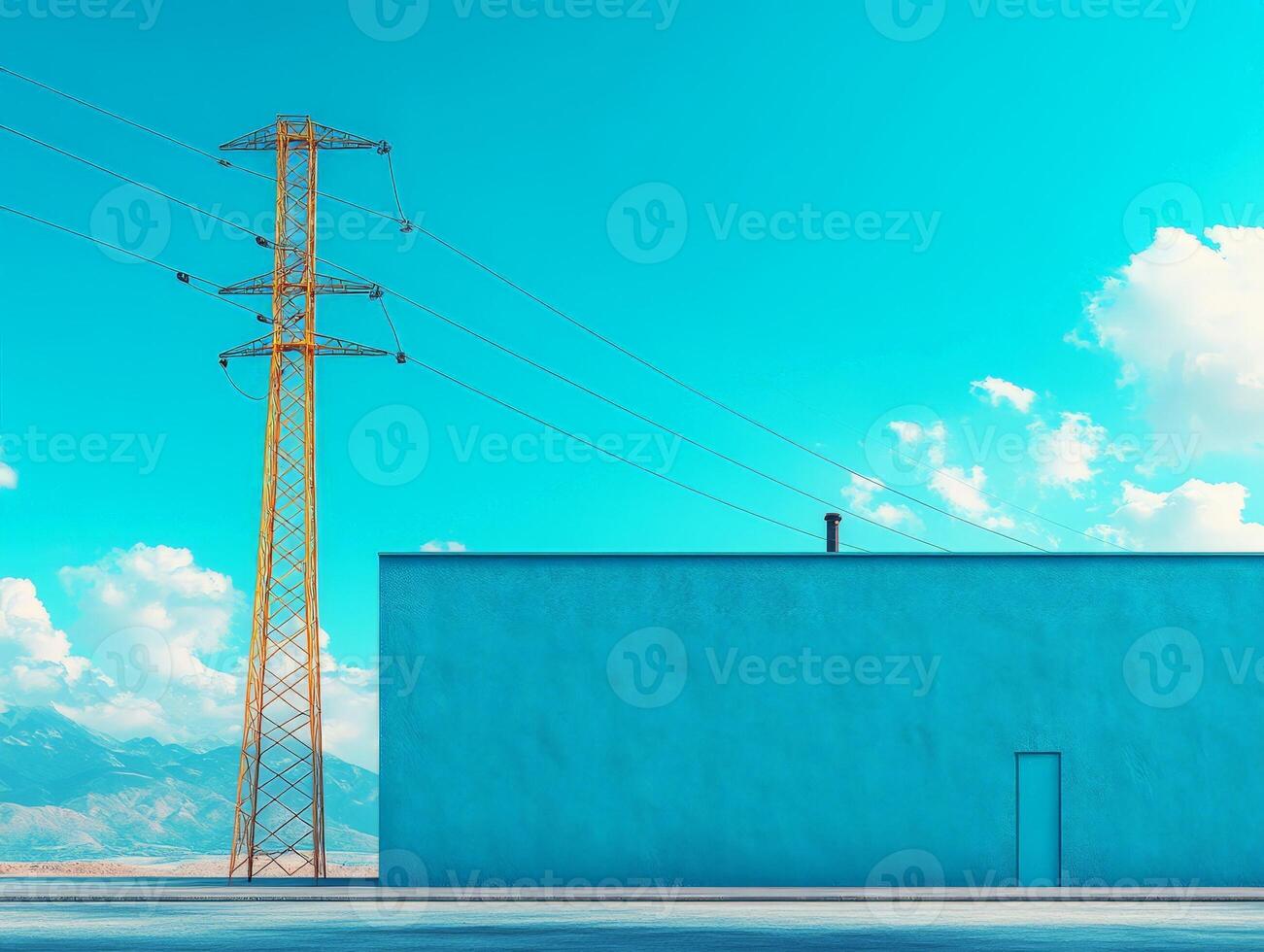 A blue building with a telephone pole in the middle photo