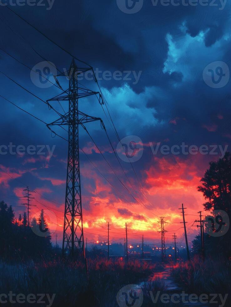 A sunset with power lines and trees photo