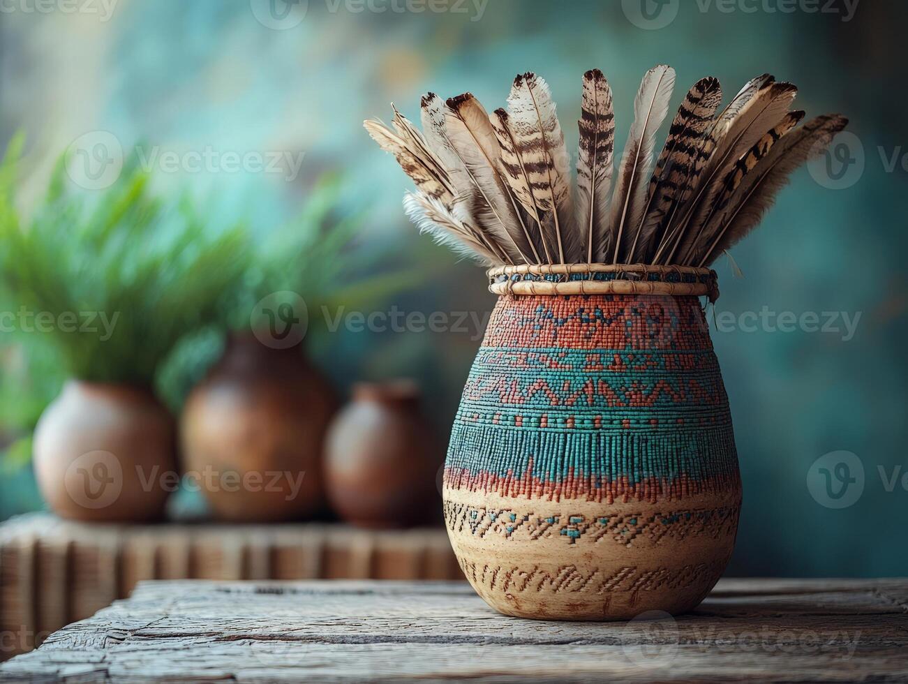 A vase with feathers on a table photo