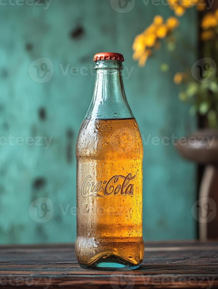 A bottle of coca cola sitting on a table photo