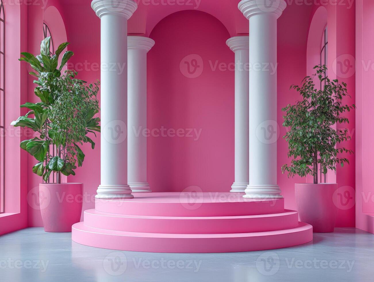 A pink room with columns and a stage photo
