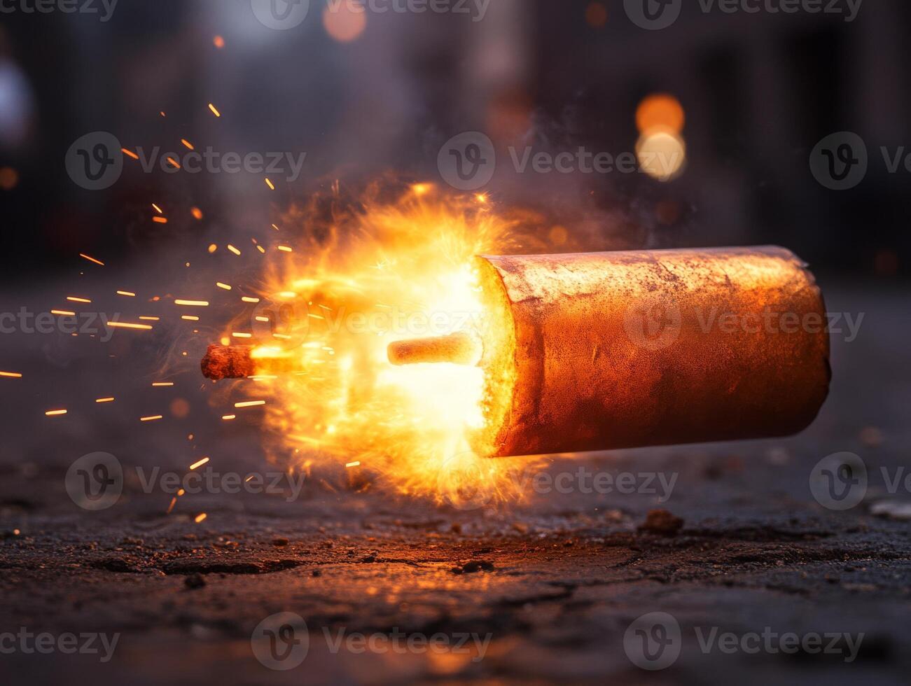 A burning object on the ground with a light coming from it photo