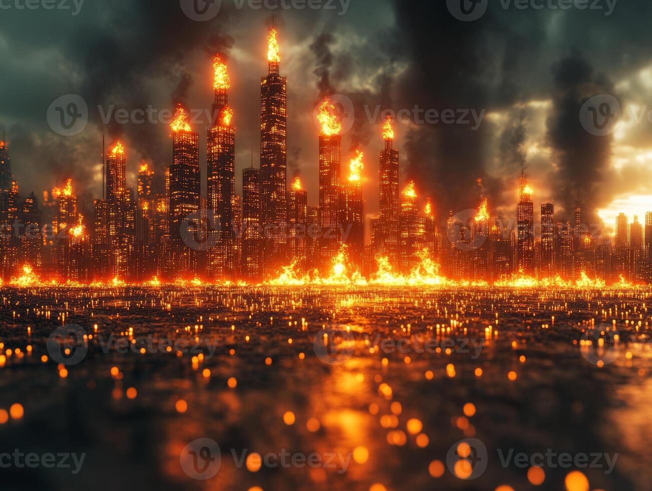 A city with fire and smoke coming out of it photo