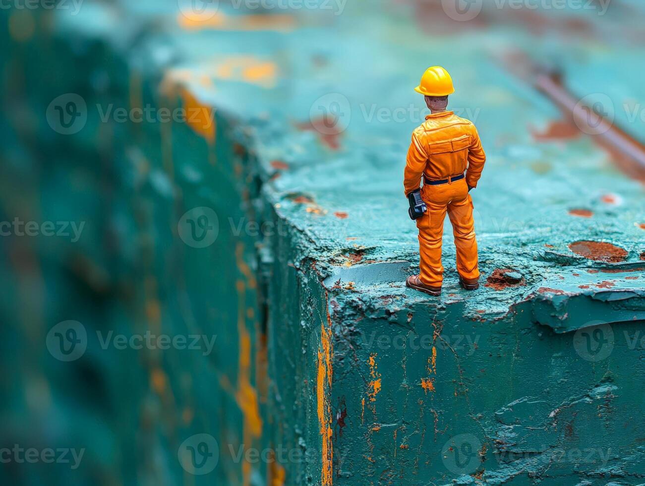 A miniature worker standing on a piece of metal photo