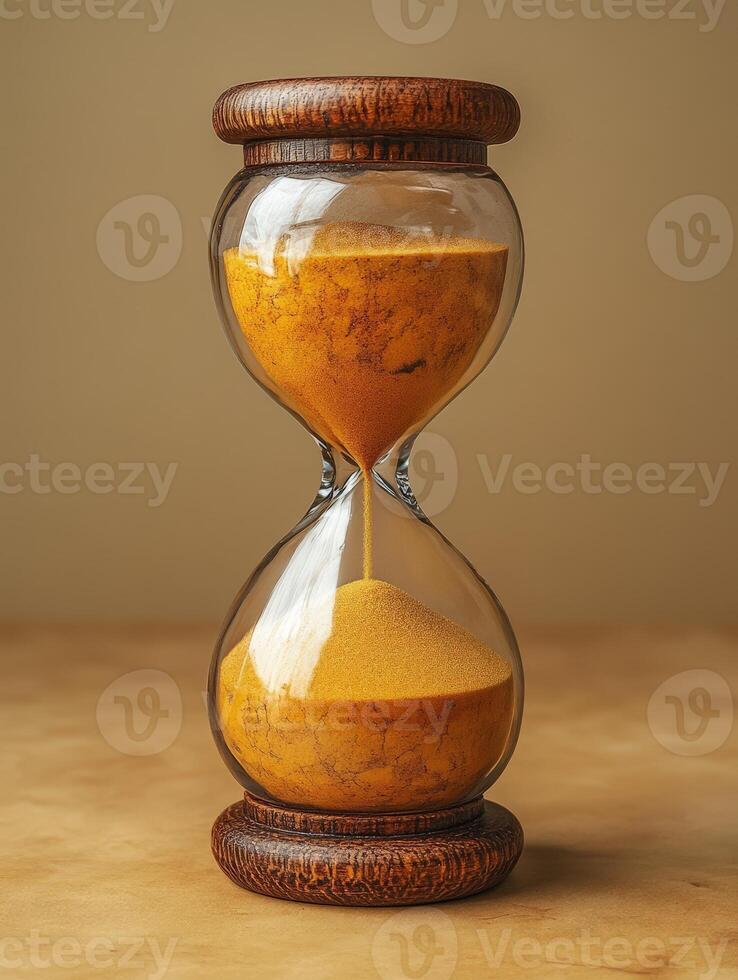 An hourglass with sand on a table photo