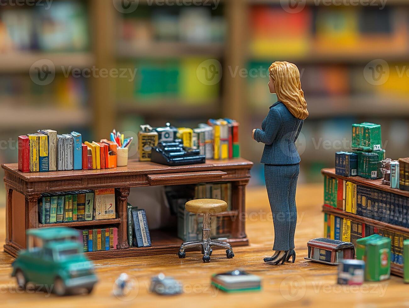 A woman standing in front of a desk photo