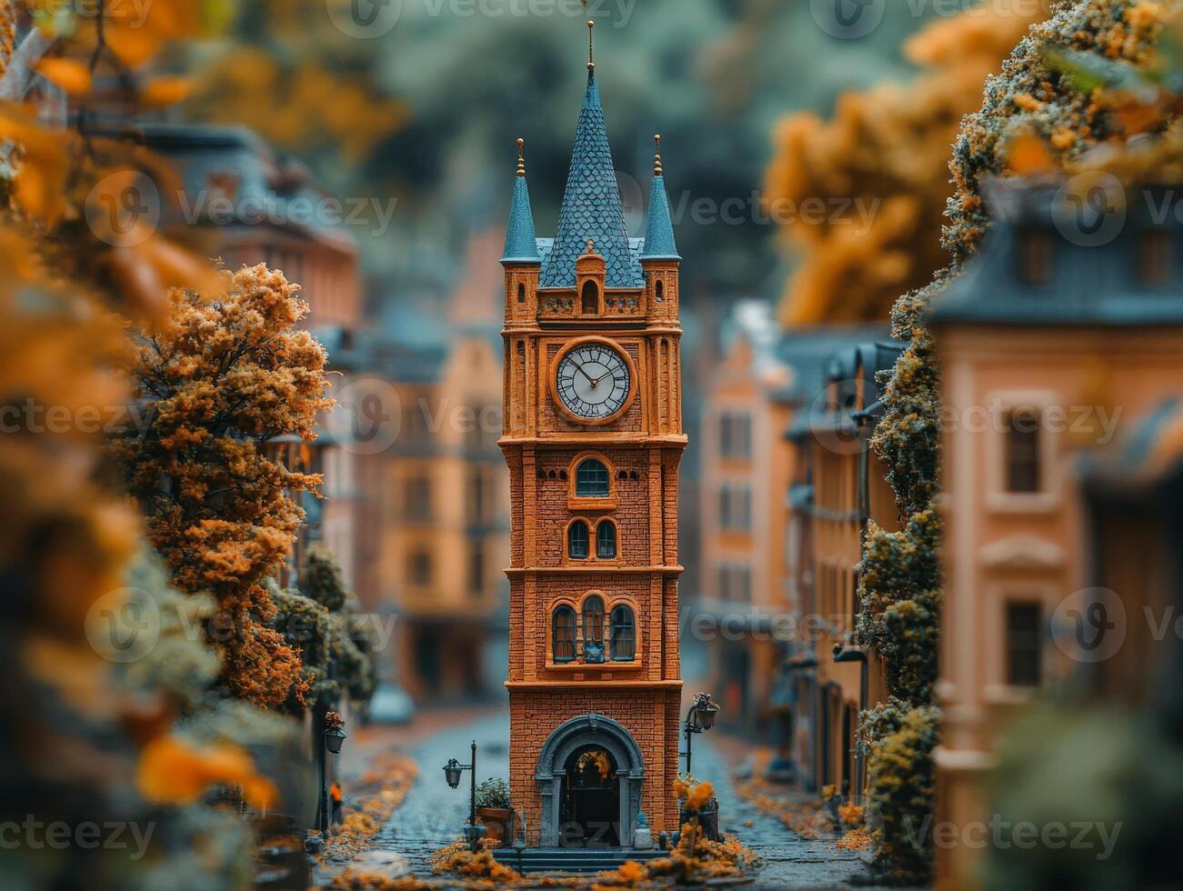 A miniature town with a clock tower in the middle photo