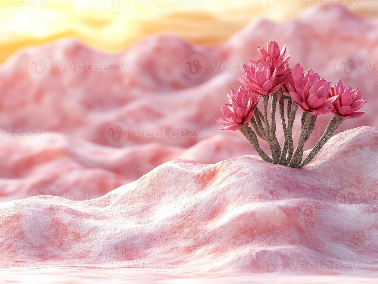 A pink flower is growing out of the ground in a field photo