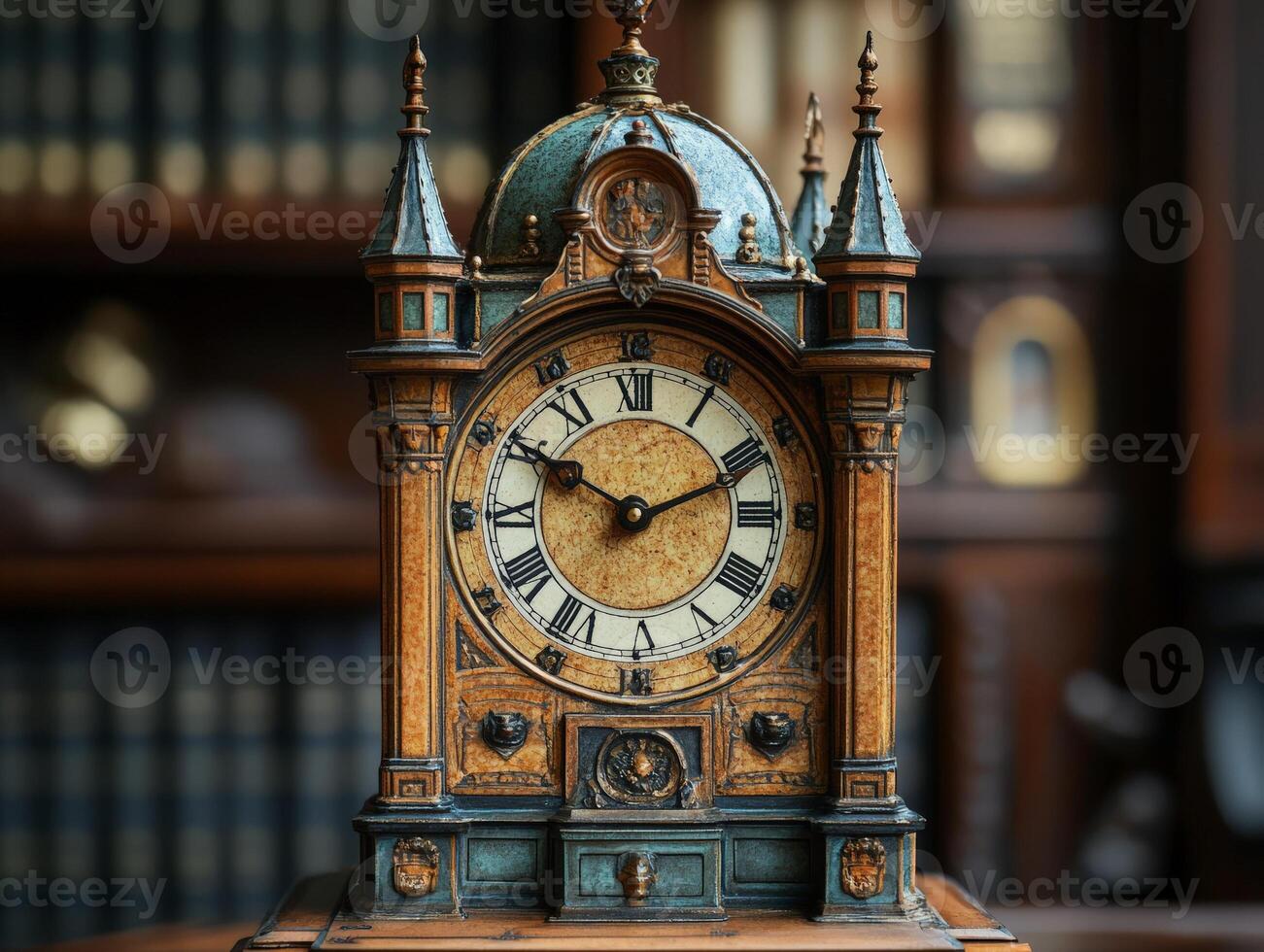 A clock on a wooden table photo