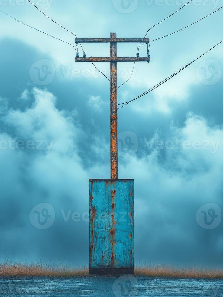 An old rusty power pole in the middle of a field photo