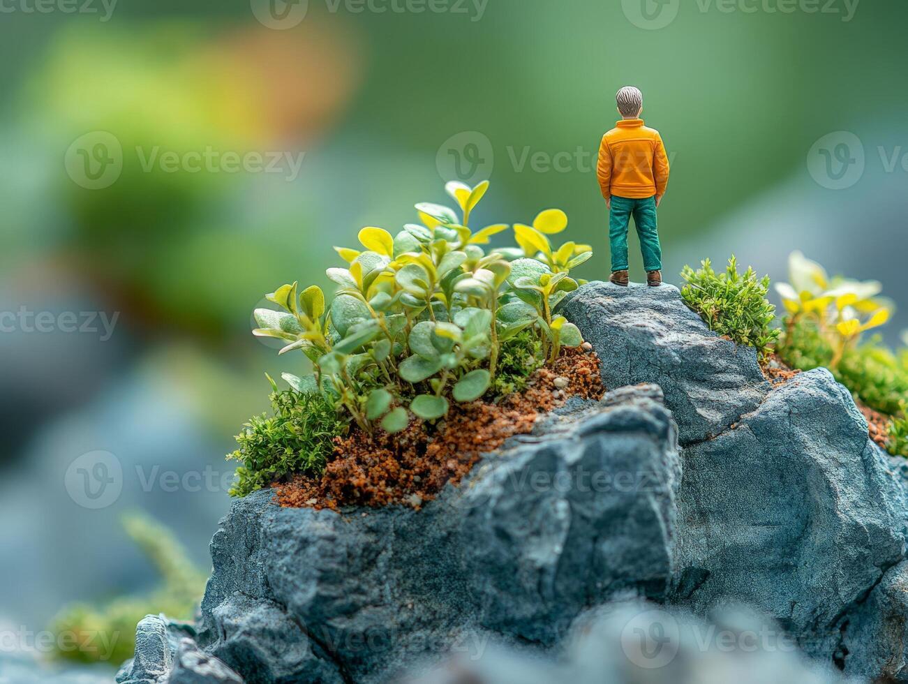 Miniature man standing on top of a rock with plants photo