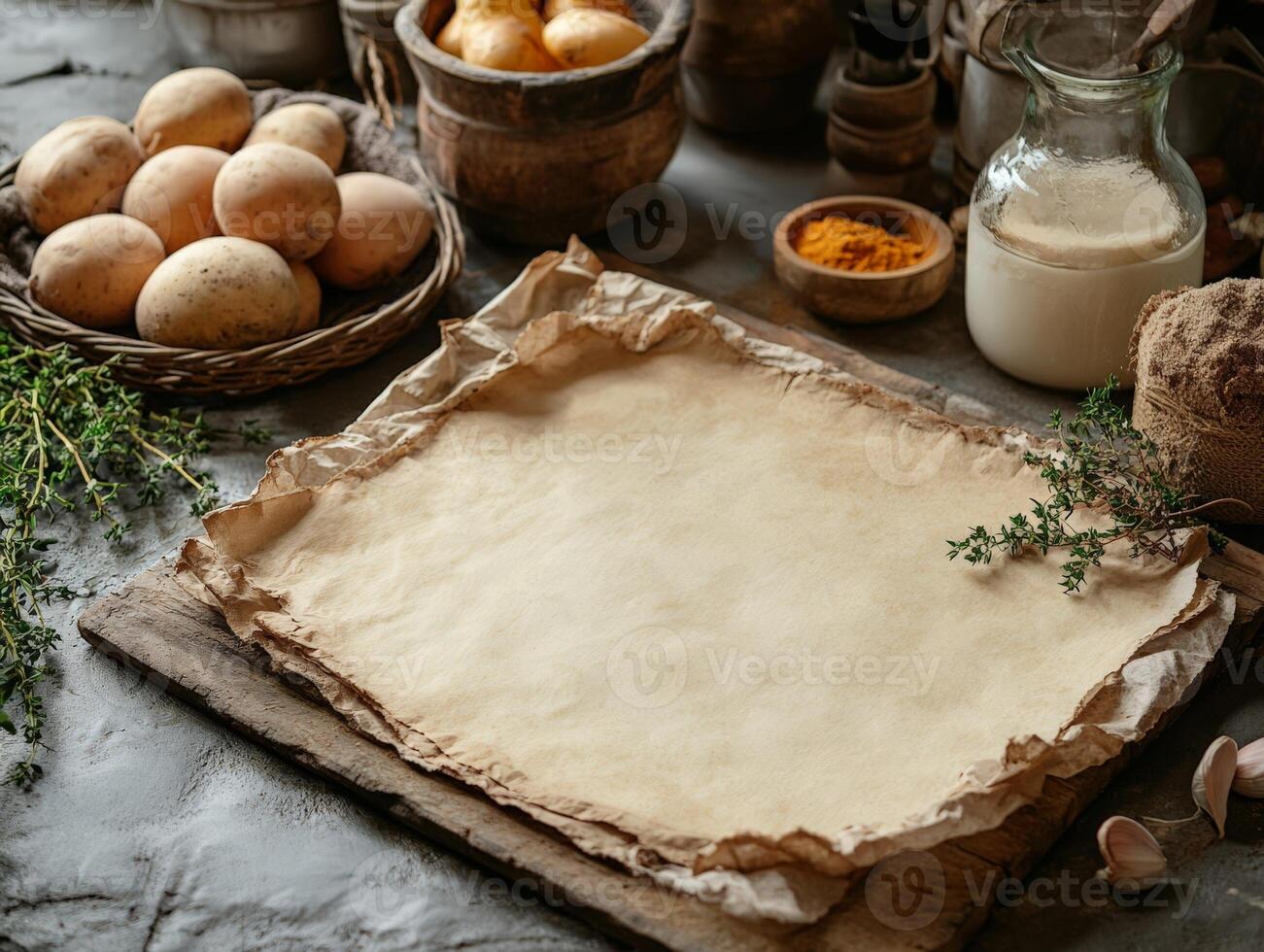 A sheet of parchment paper with eggs, herbs and other ingredients photo