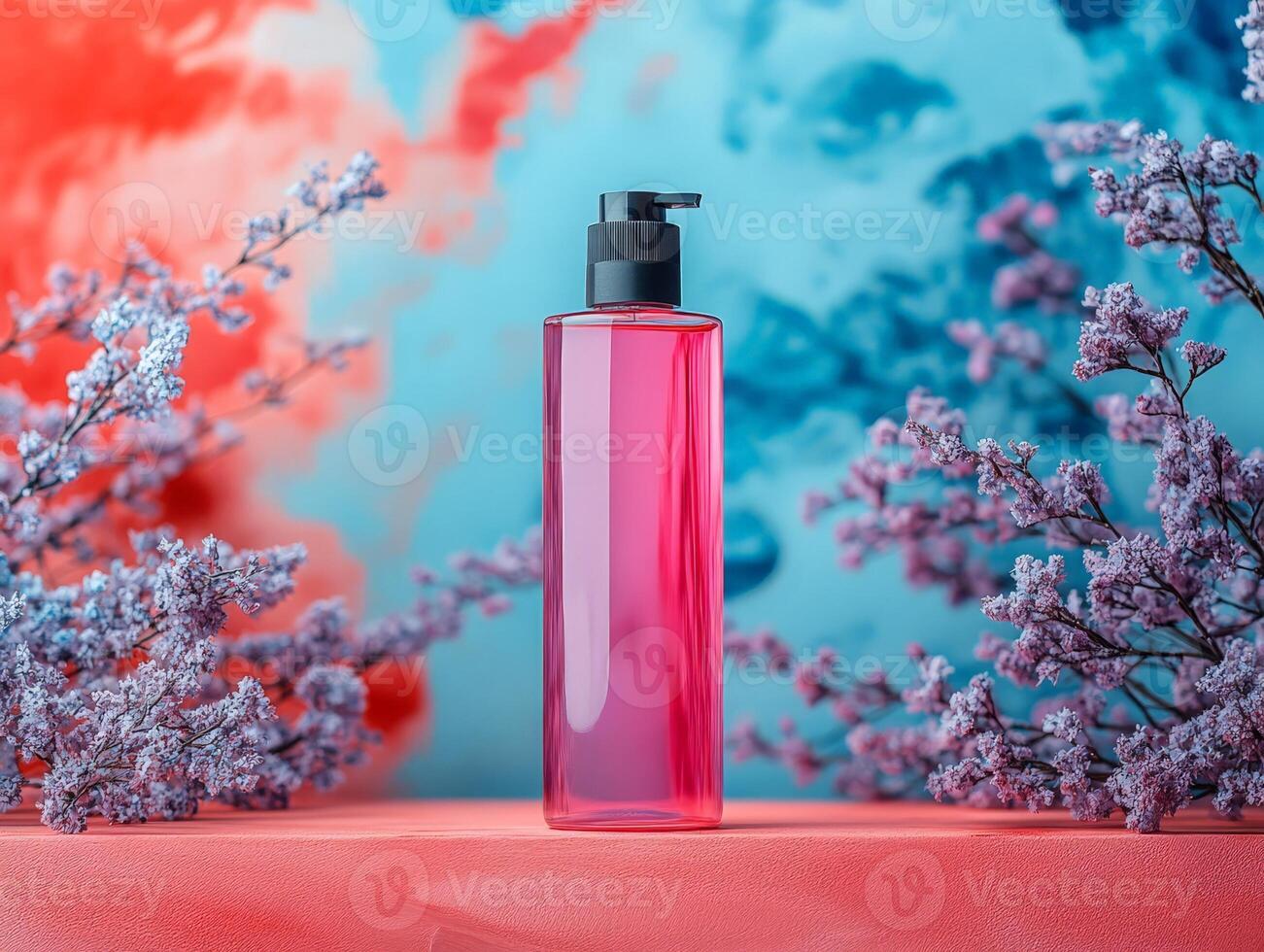 A bottle of liquid soap is surrounded by flowers photo