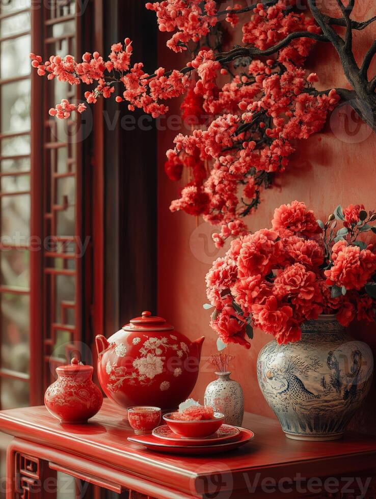 A red table with a vase of flowers and a tea pot photo