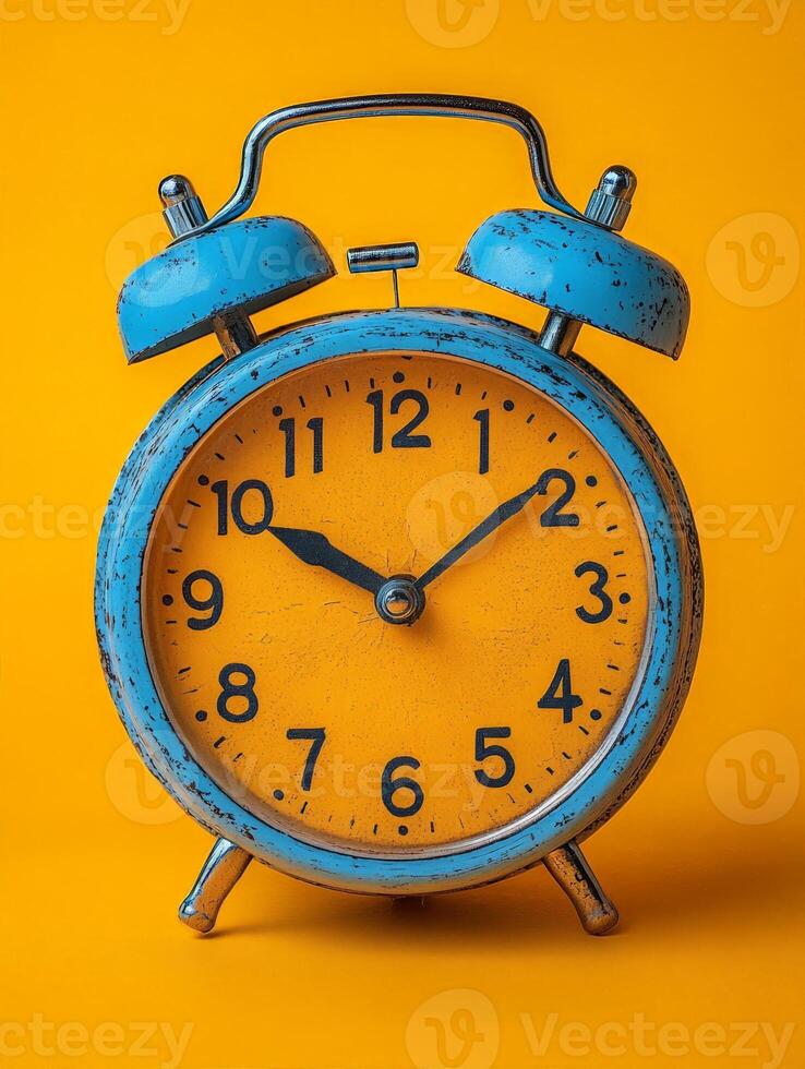 A vintage blue alarm clock on a bright yellow background, indicating timekeeping purpose. photo