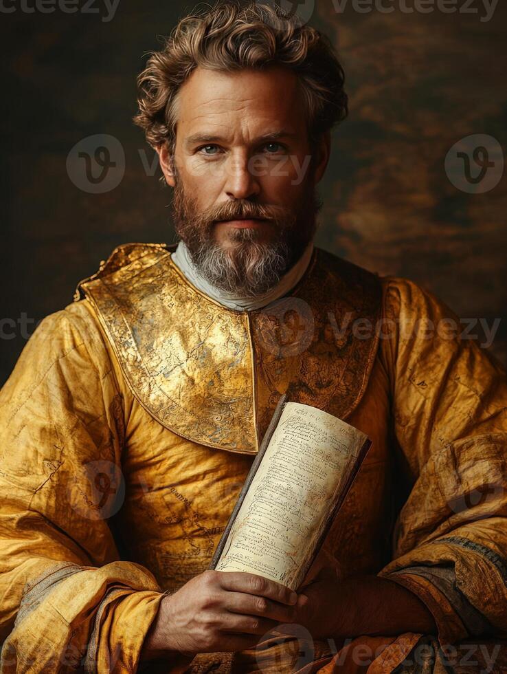 A man in a golden robe holds a book, exuding a historical or regal presence. photo