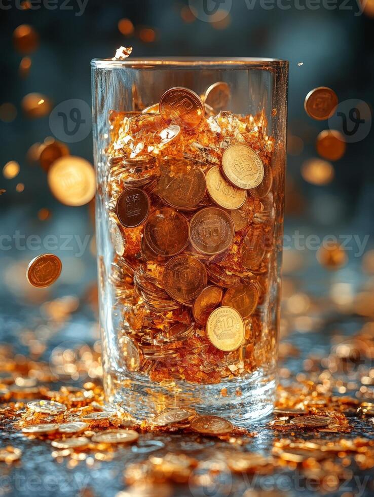 A glass filled with coins splashes liquid, creating a dynamic and visually striking scene. photo