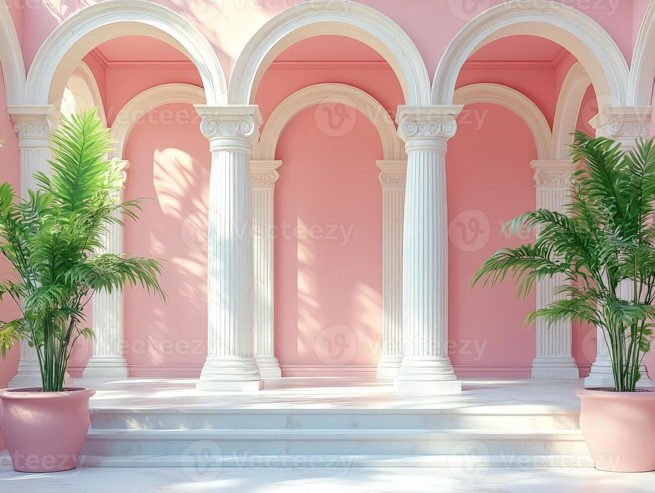 A serene architectural space with pink walls, columns, and potted plants. photo