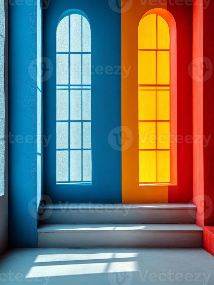A colorful interior space with blue, orange, and red walls and large arched windows. photo