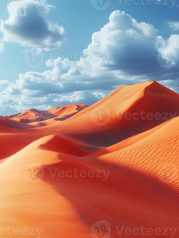 A serene desert landscape with rolling orange sand dunes under a blue sky with clouds. photo