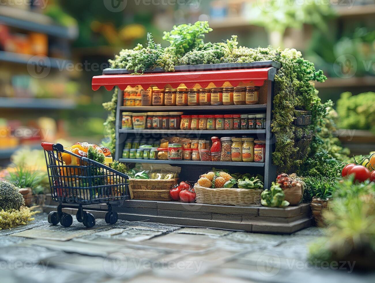 A miniature grocery store display with shelves of canned goods and a shopping cart. photo