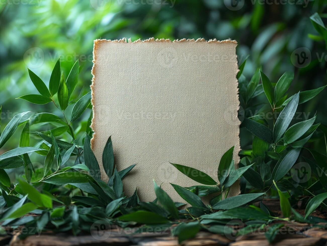 A blank, textured paper sheet surrounded by lush green leaves, ideal for nature-themed designs. photo