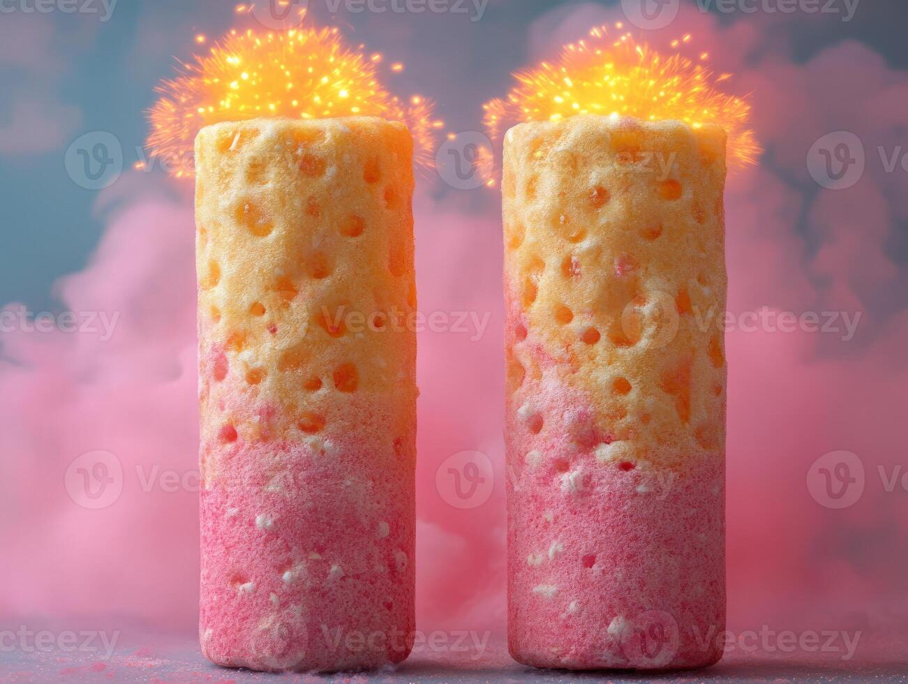 Two colorful sponge-like objects with glowing effects and smoke in the background. photo