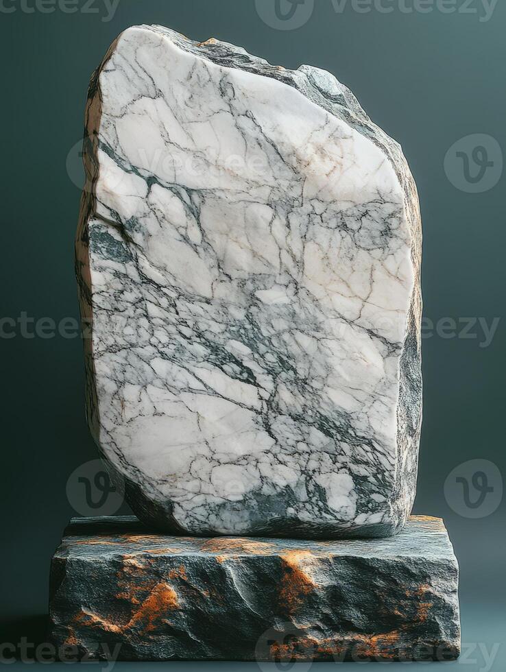A polished stone sculpture featuring intricate marble patterns on a sturdy base. photo