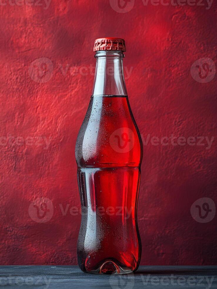 A glass bottle filled with a fizzy red beverage against a textured red background. photo