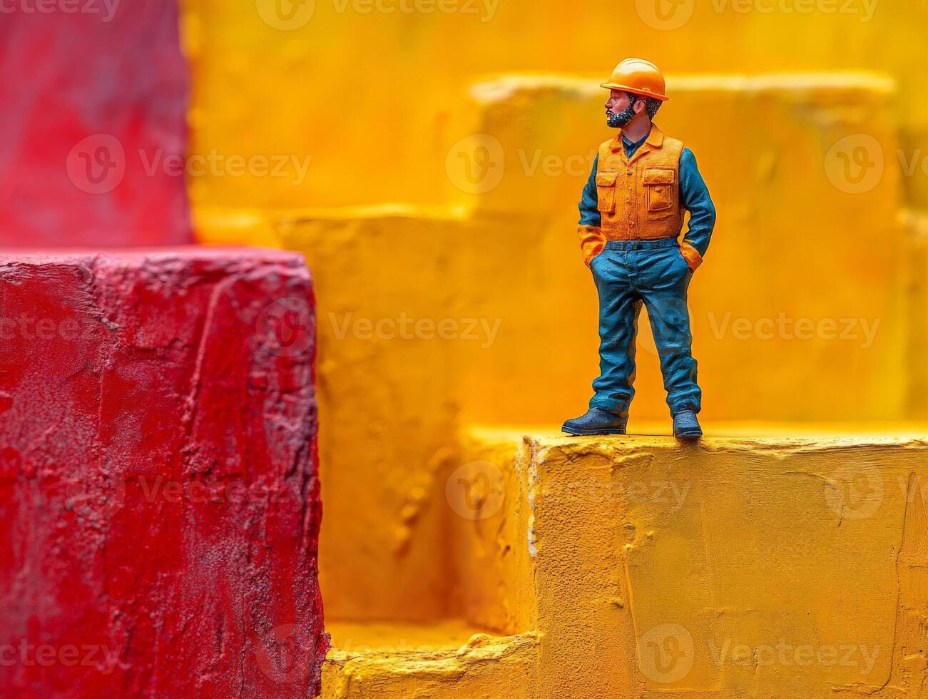 A miniature construction worker stands on colorful blocks, symbolizing industry and creativity. photo