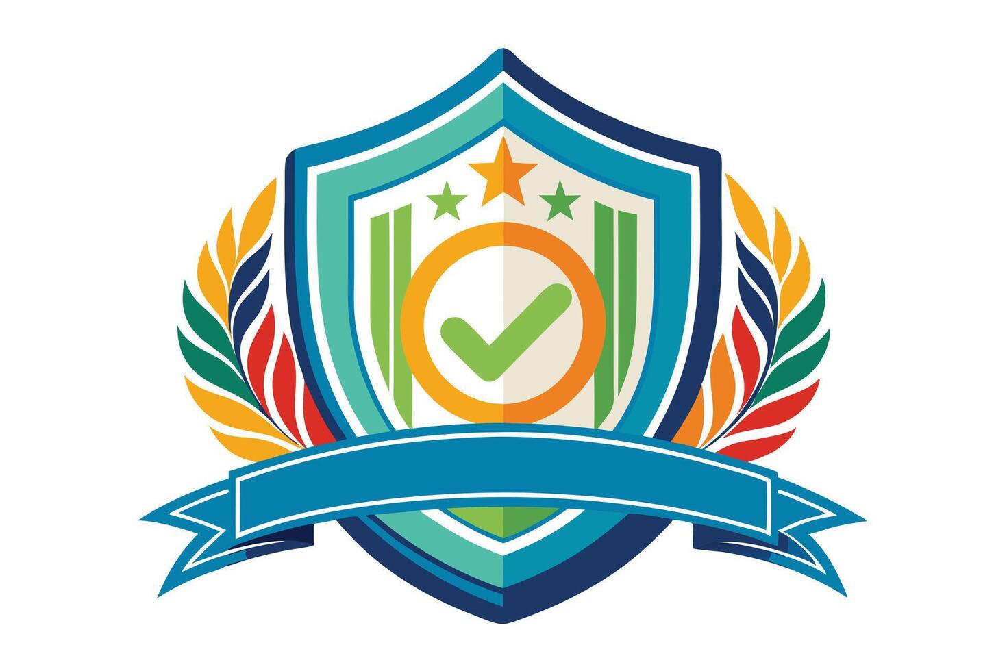Colorful emblem with shield, check mark, and ribbon, perfect for awards or achievements. vector