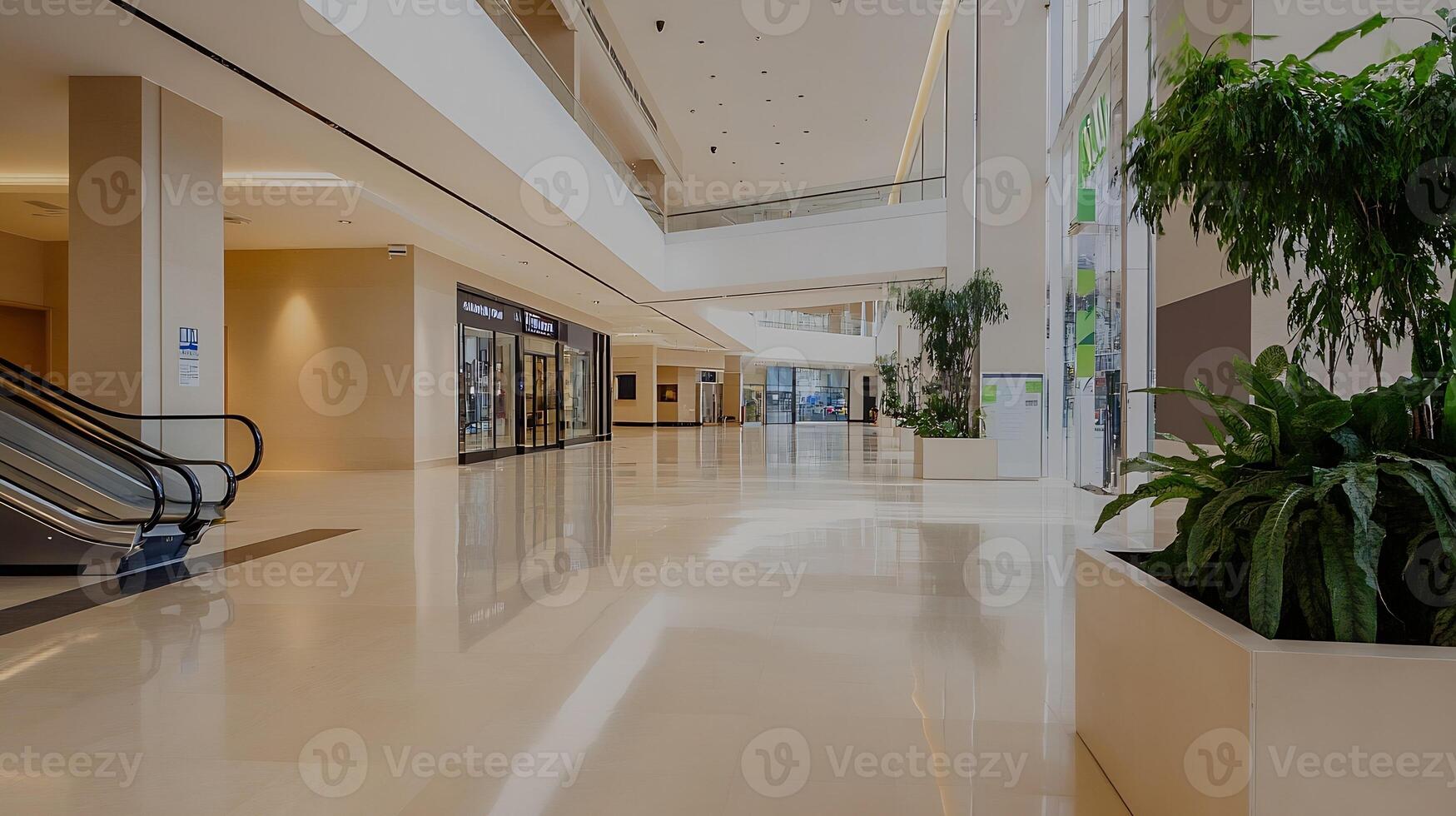 Modern Shopping Mall Interior with Plants and Shops Under Glass Ceiling photo