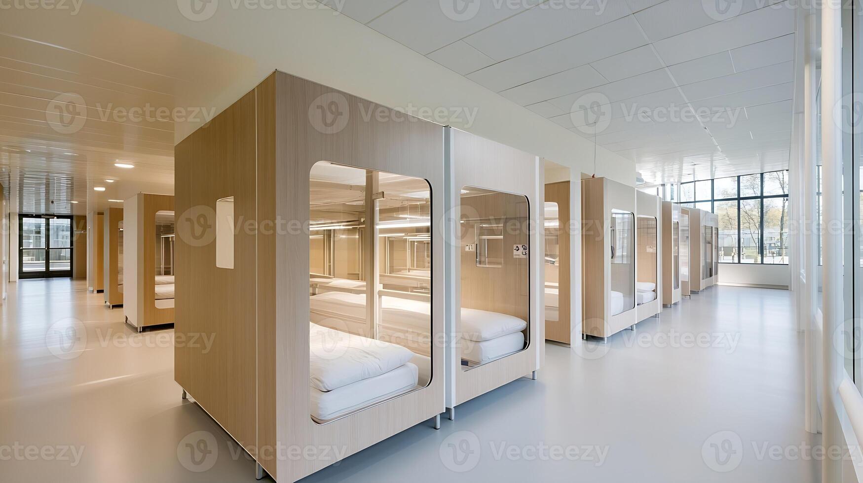 Modern designed dormitory space with minimalistic and bright interior features photo