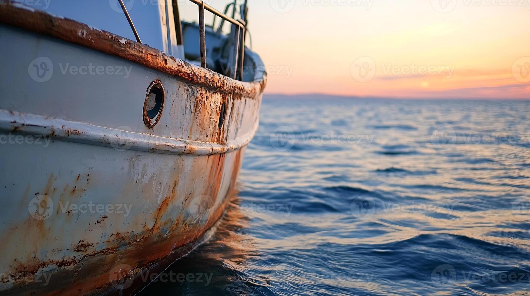 Rusty Fishing Boat by the Sea at Sunrise with Scenic Ocean View photo