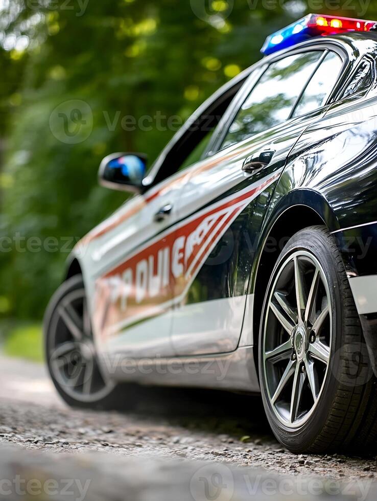 Closeup of police car with flashing lights parked on a forest road photo