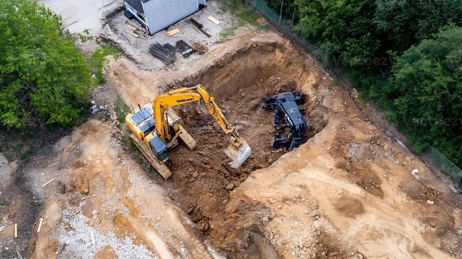 Aerial View of Construction Site with Excavator Creating a Deep Trench in Earth photo