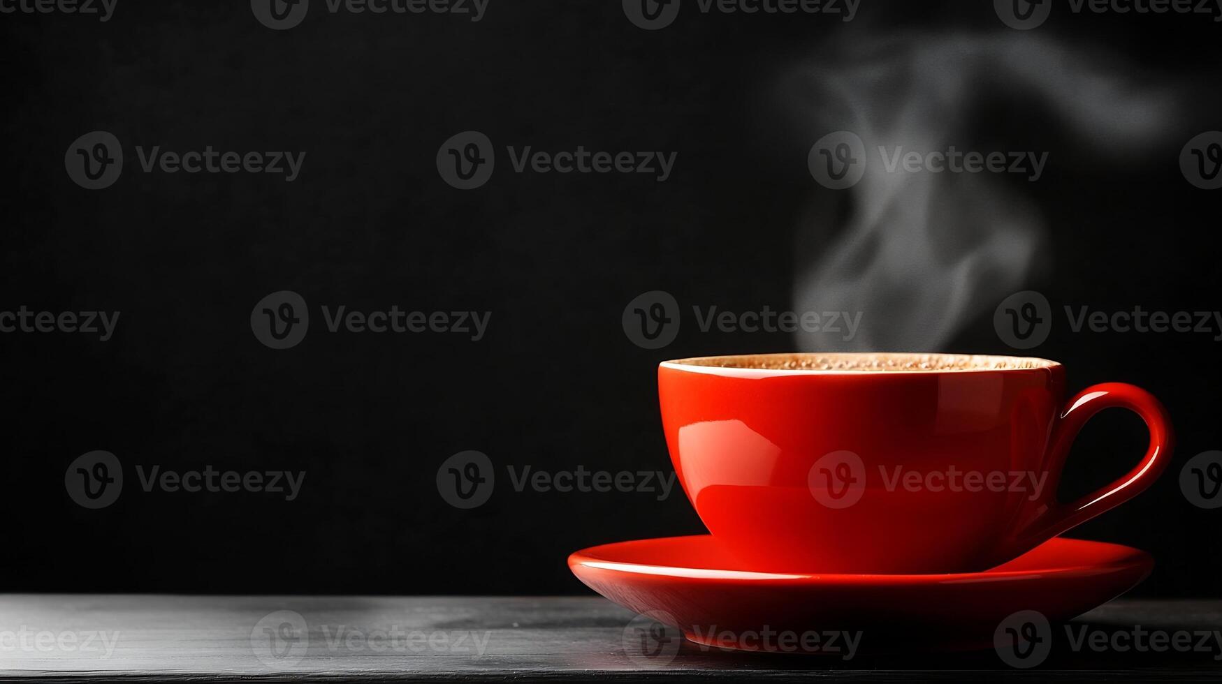 Steaming Red Cup of Freshly Brewed Coffee on Dark Background photo