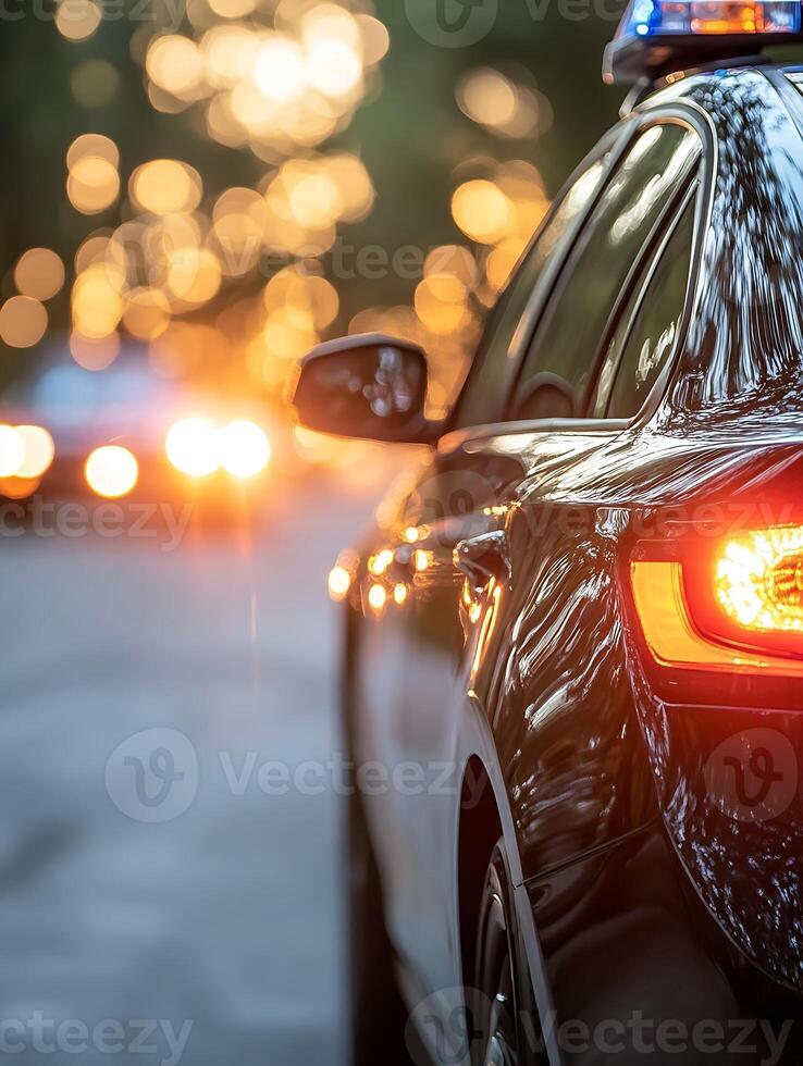 Police Car With Flashing Lights on City Street During Sunset Traffic Hours photo