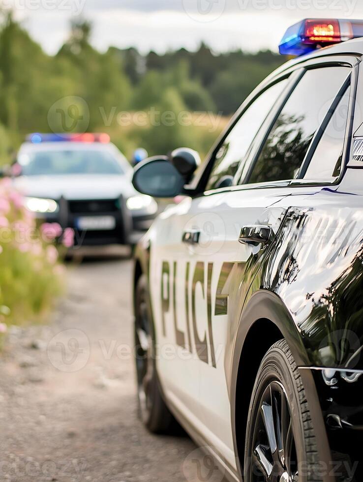 Police Patrol Cars with Sirens on Rural Road During Sunset photo