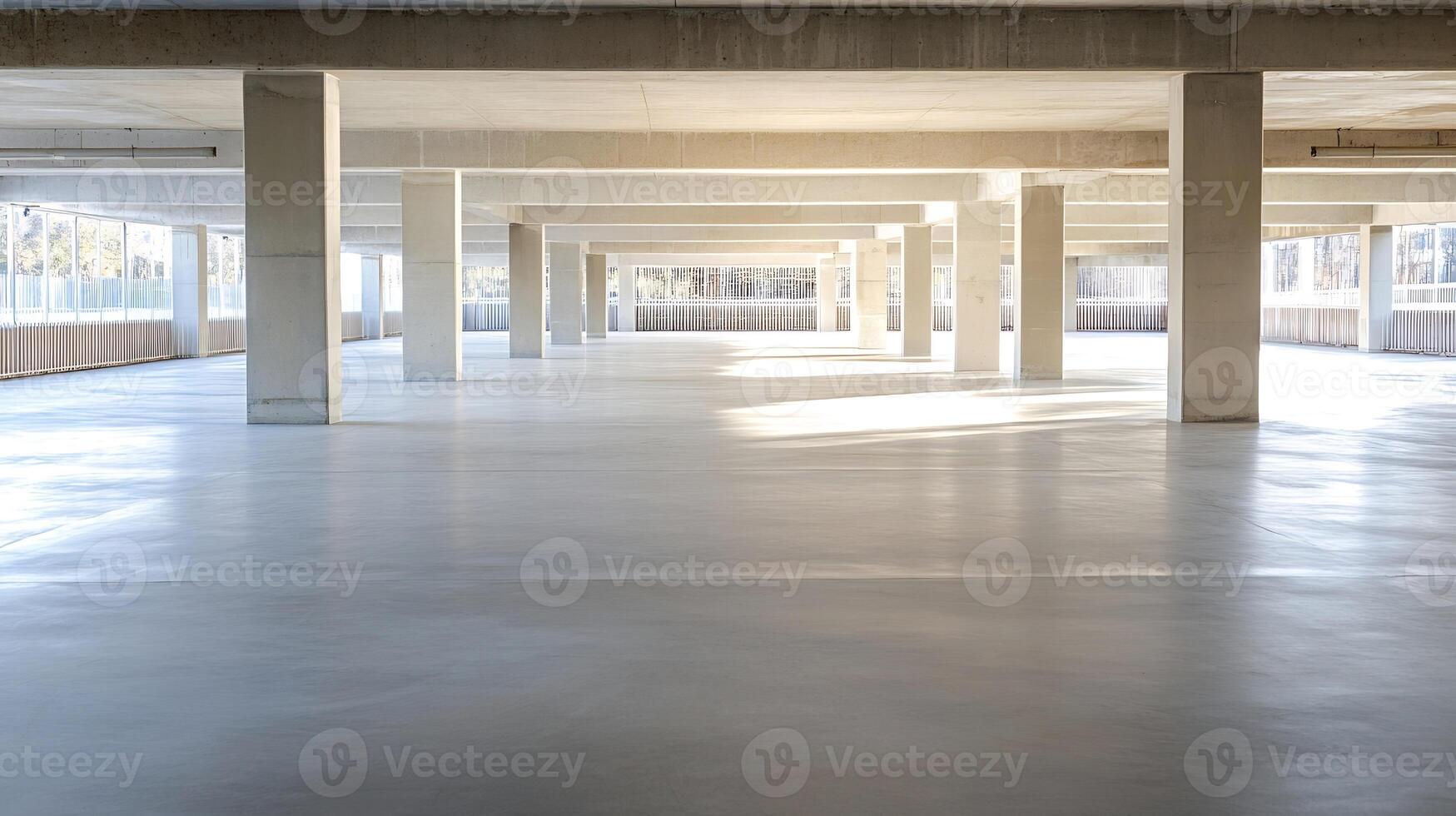 Large Empty Industrial Parking Garage with Concrete Floors and Pillars photo