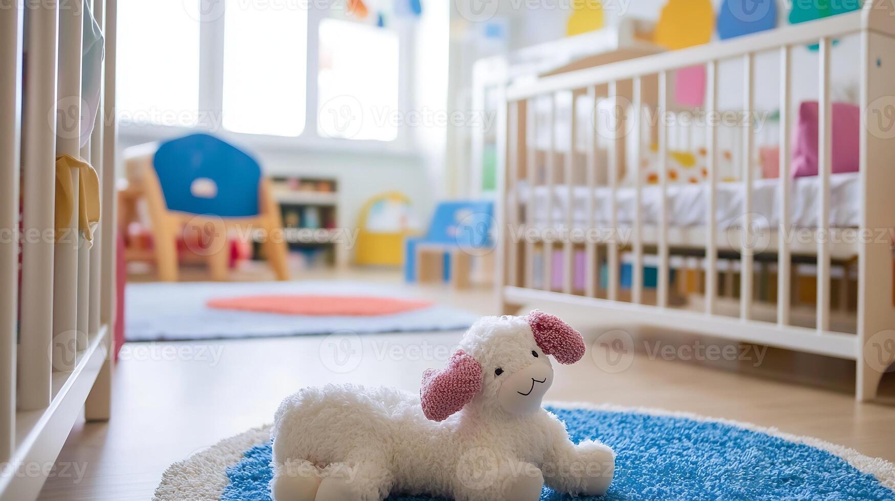 Bright and Cheerful Nursery Room Design with Soft Plush Lamb Toy on Colorful Carpet photo