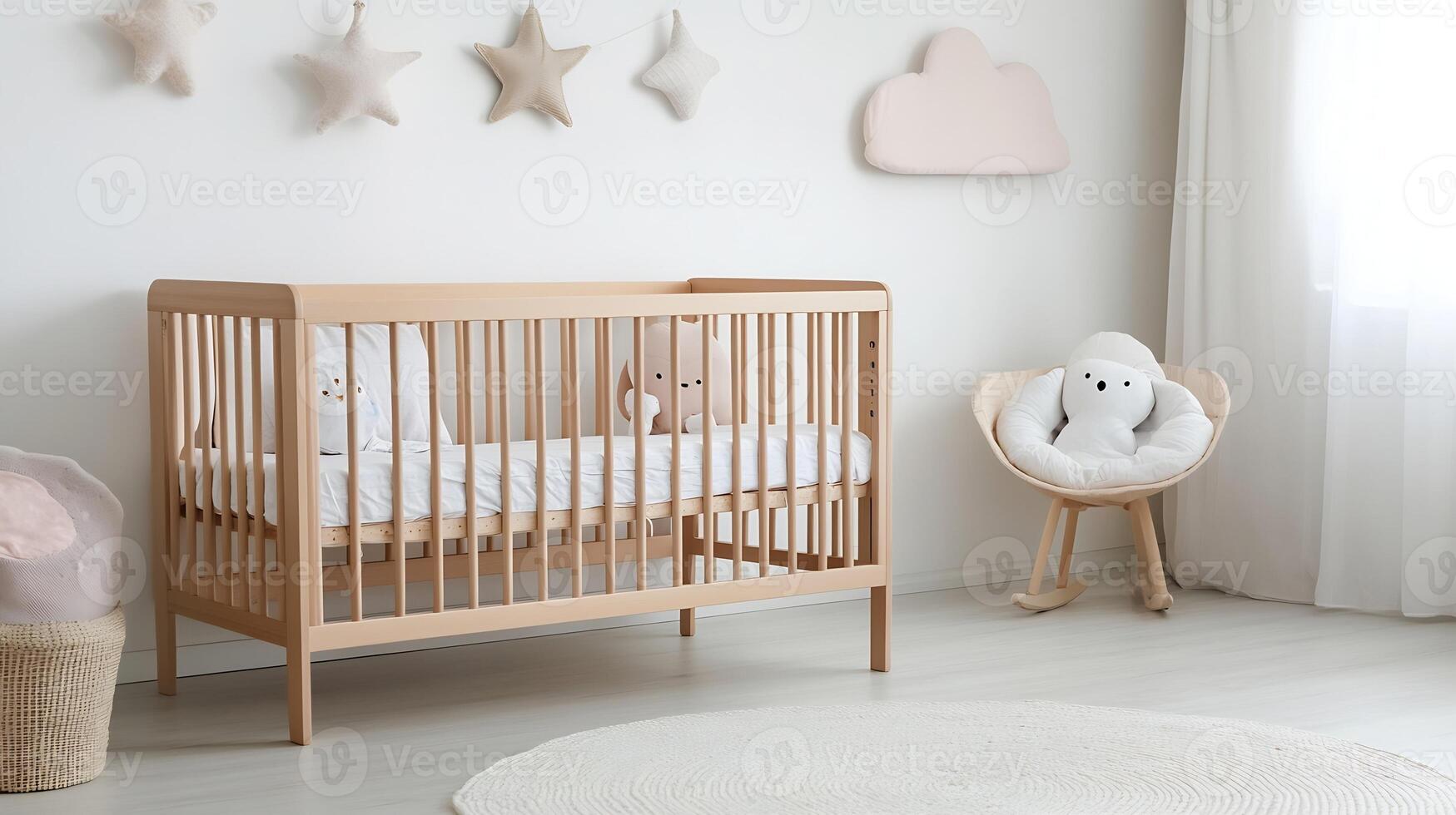 Minimalist Scandinavian Inspired Nursery with Wooden Crib and Soft Decor photo