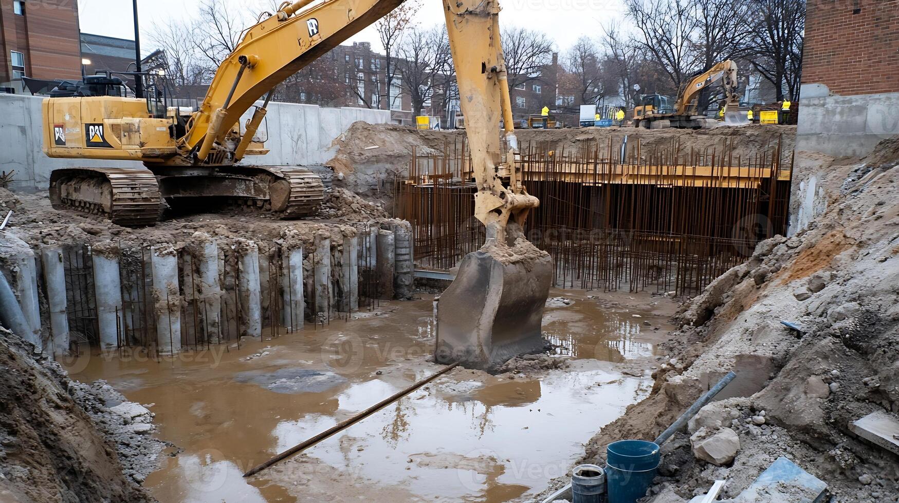 Urban construction site with excavator and rebar for building foundation photo