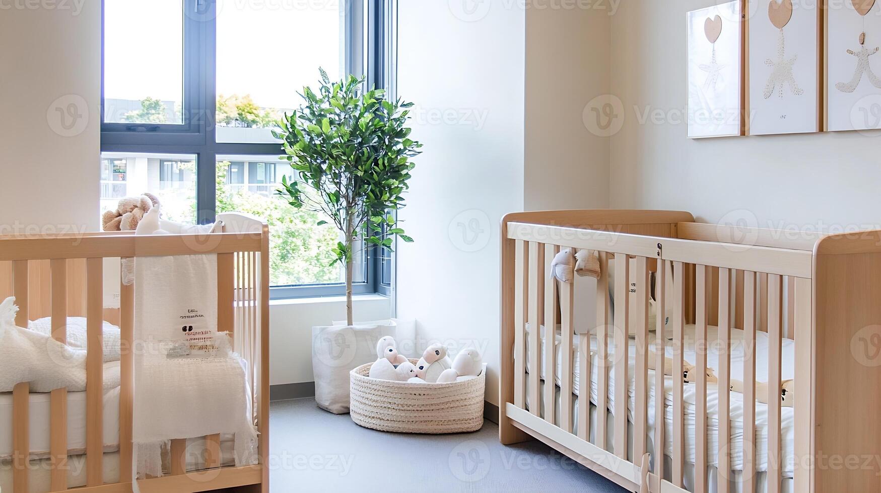 Modern Nursery Room Decor with Twin Cribs and Large Window Lighting photo