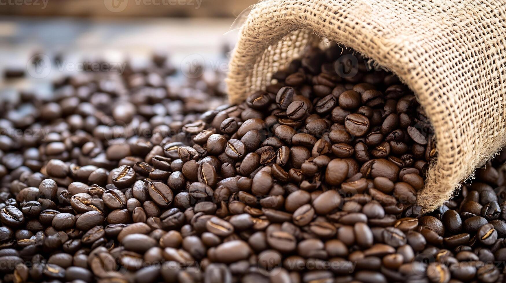 Authentic Coffee Beans Pouring from Burlap Sack Displaying Rich Aroma and Texture photo