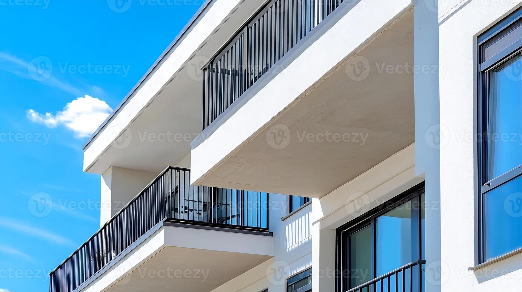Modern architectural angles featuring upscale urban apartment balconies under clear skies photo