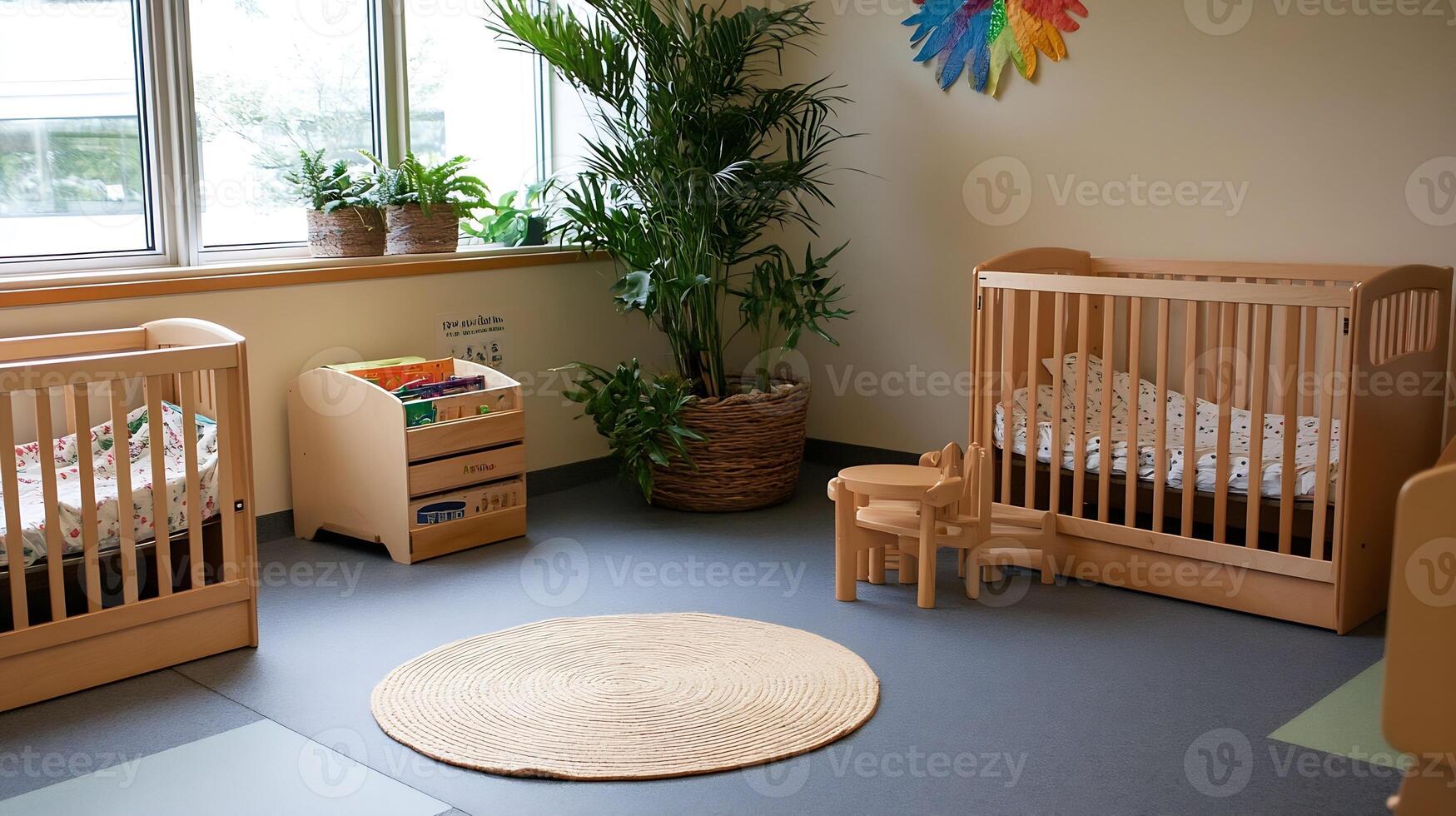 Cozy Daycare Corner with Wooden Cribs and Lush Indoor Plants Near Bright Window photo